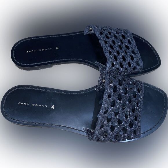 Zara Blue Collection Braided Woven Flat Slide Sandals Black Size EU 36 - Picture 1 of 4